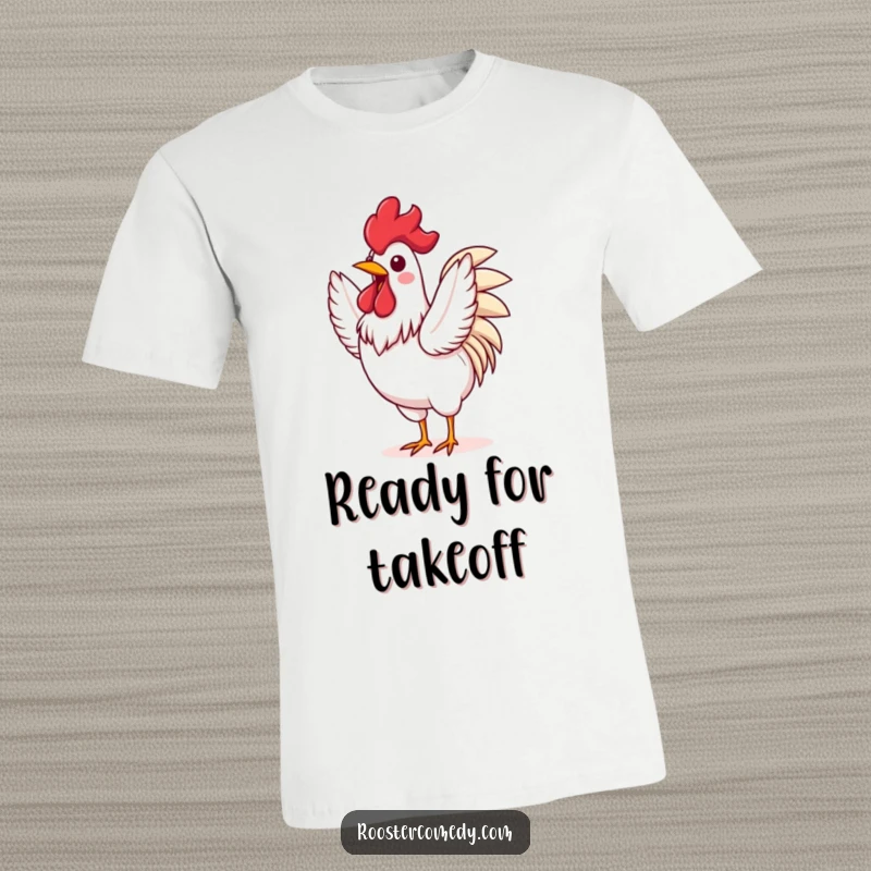 Funny Rooster t-shirt showing an excited bird energetically flapping its wings, radiating joy and a sense of boundless enthusiasm.