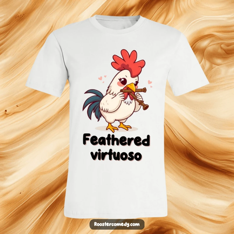 Funny T-Shirt showcasing a delighted rooster expertly playing a miniature flute, radiating pure musical bliss.