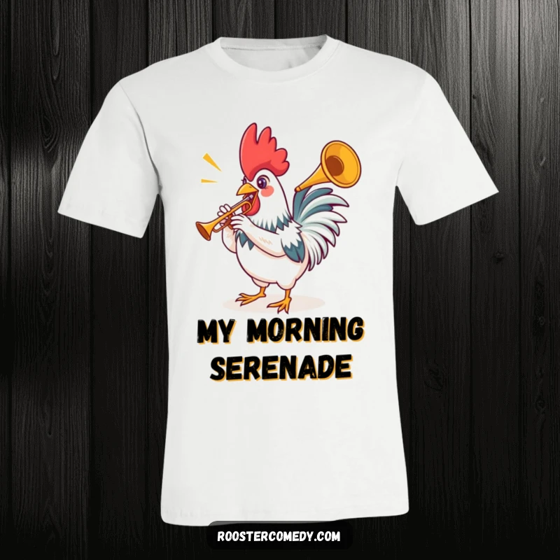 Funny rooster t-shirt, a proud bird with spread wings tooting a miniature trumpet with a joyful, fanfare-filled expression.