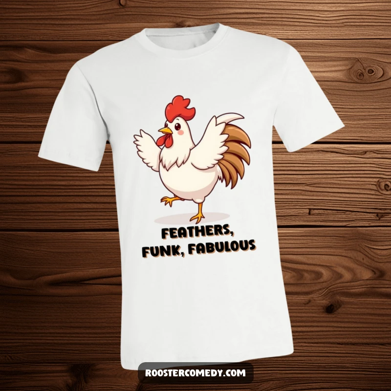 Funny cute rooster t-shirt, doing a silly dance, wings spread wide, energetic graphic tee, perfect funny gift for dancers.