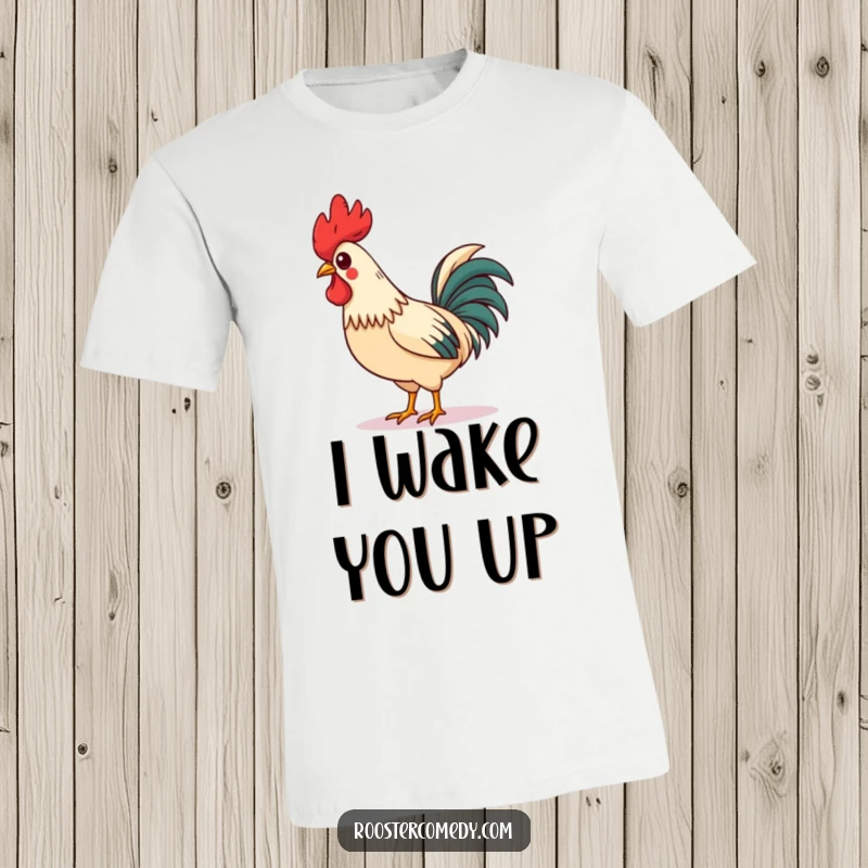 Funny T-Shirt of a proud rooster with a crooked comb, cheerfully whistling while strutting, showcasing a confident and comical personality.
