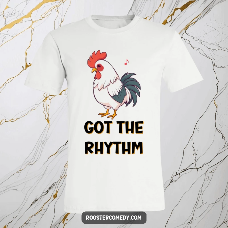 Funny Rooster Dancing T-Shirt: A rooster rhythmically bobs its head, embodying musicality, fun, and a love for dancing.