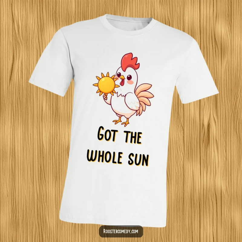 Funny Kawaii Rooster T-Shirt: A charming kawaii rooster proudly holds a smiling sun in its beak, radiating funny, cheerful energy.