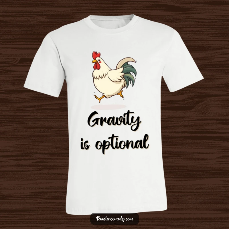 Funny rooster t-shirt depicting a bird comically losing its balance while hopping, with wings flailing.