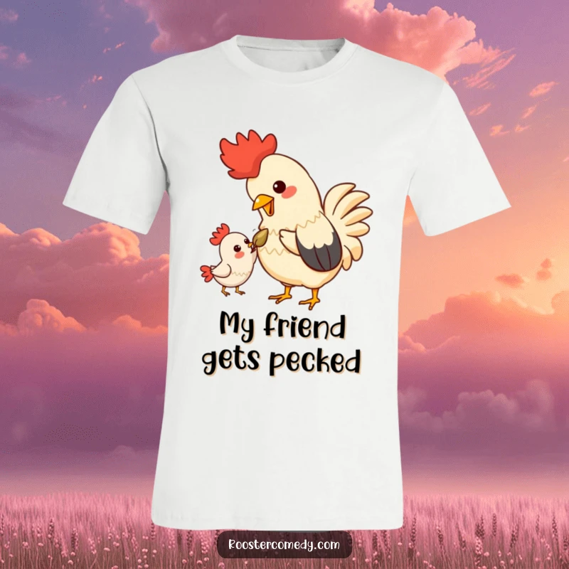 Funny Kawaii Rooster T-Shirt: A cheerful rooster offers a seed to a pal, showcasing kindness and sweet fellowship.