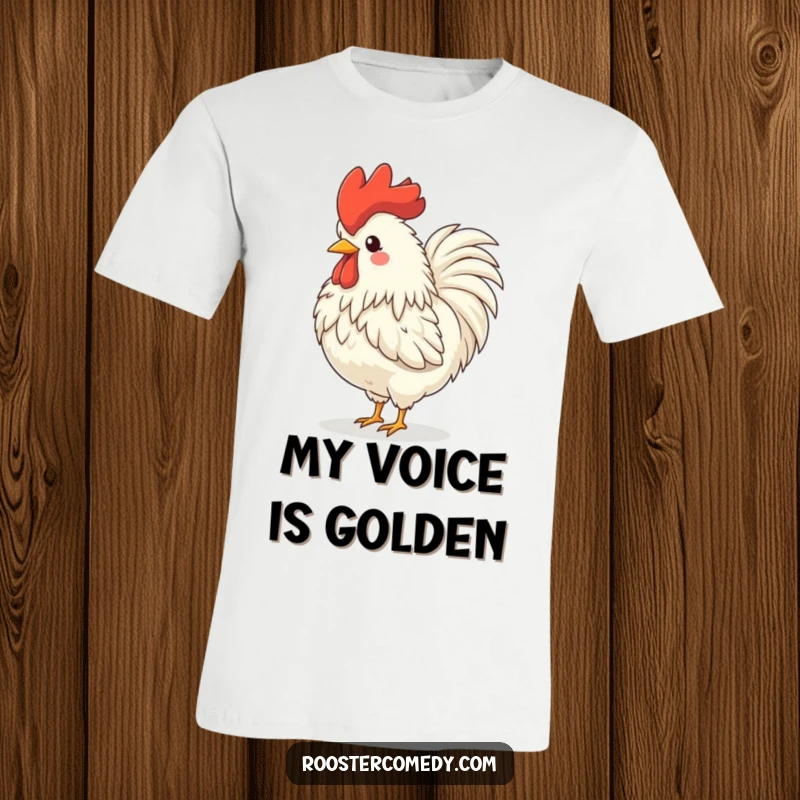 Funny rooster t-shirt, a fluffy farm bird with a prominent comb crowing with utter delight, head thrown back.