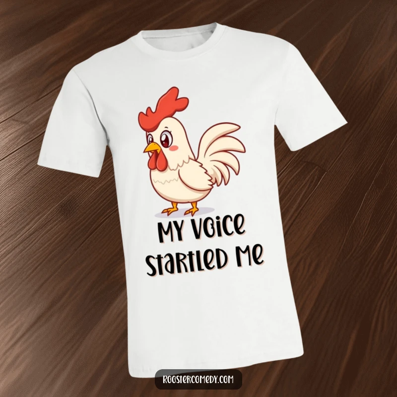 Funny surprised rooster t-shirt, depicting a startled chicken mid-squawk with comical wide eyes and flustered feathers.