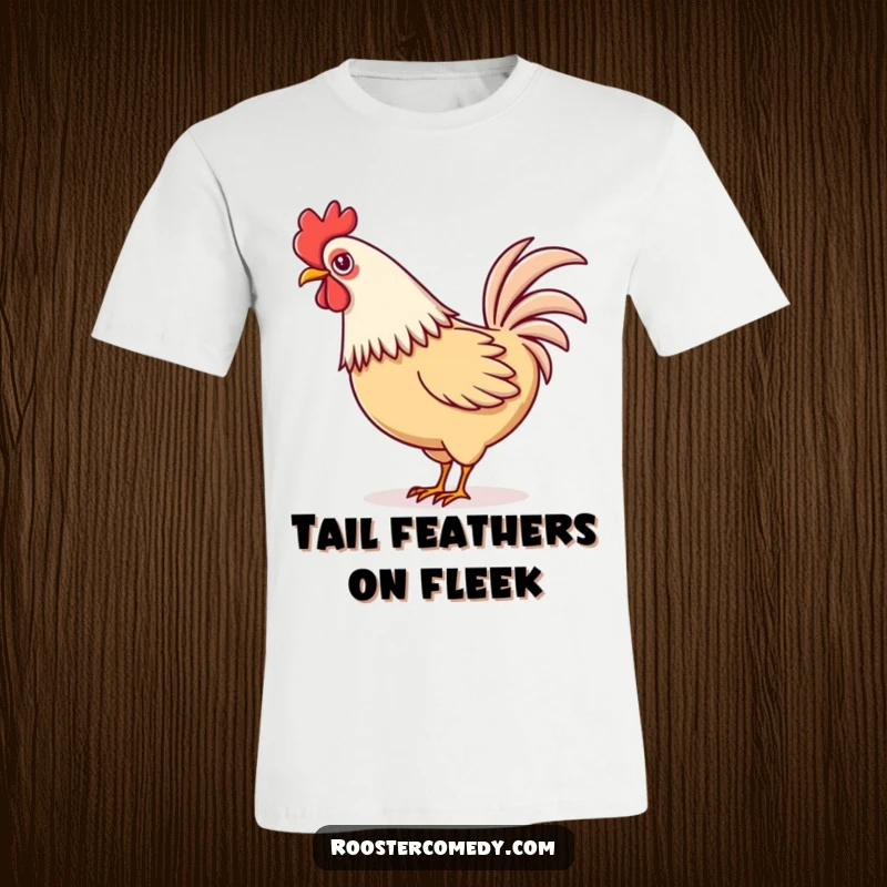 Funny Kawaii rooster t-shirt depicting a happy rooster playfully wagging its vibrant tail feathers.