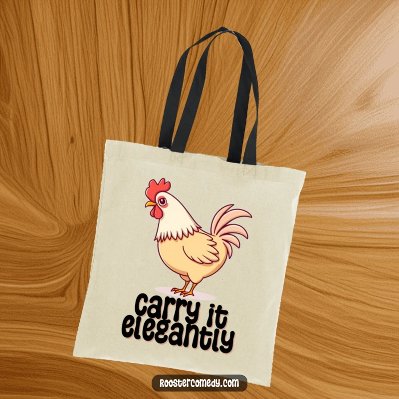 Funny Kawaii rooster tote bag showing a happy rooster playfully wagging its tail feathers with glee.