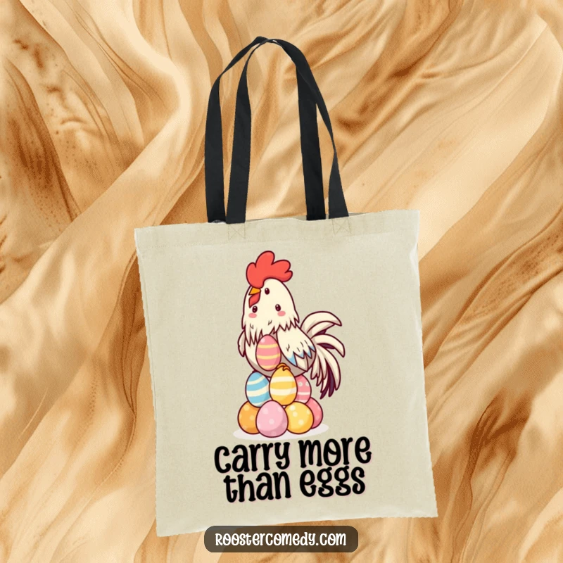 Funny Kawaii Rooster Tote Bag with a delightful illustration of a rooster balancing a colorful stack of eggs.
