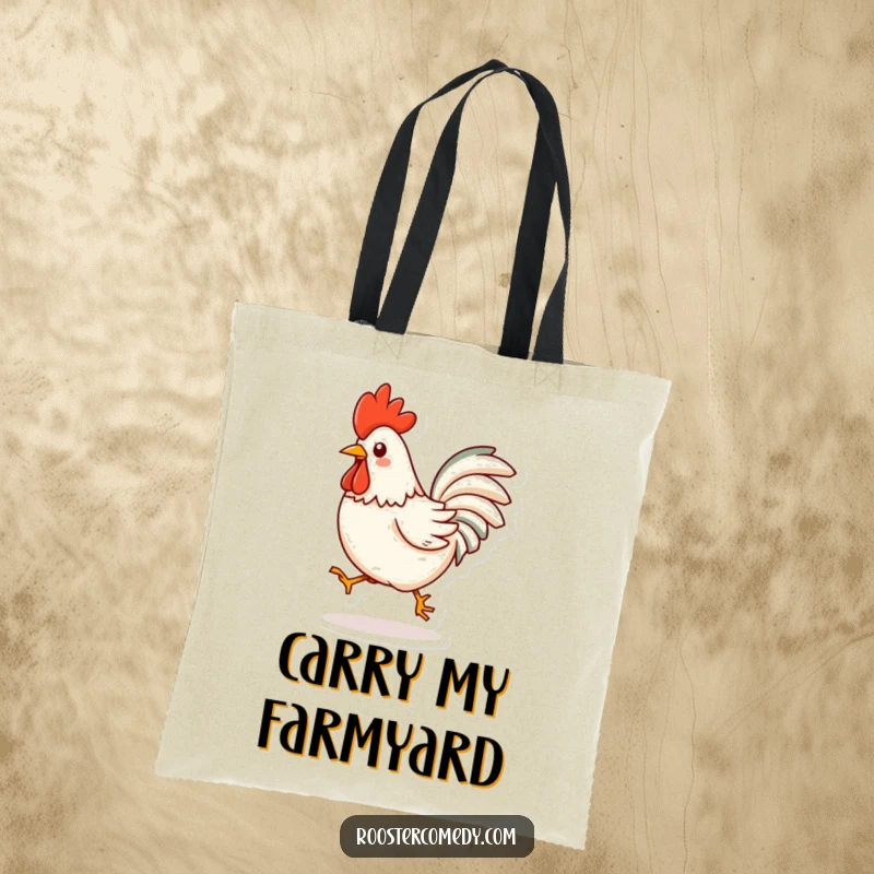 Funny Kawaii Rooster Tote Bag: Illustrates a cute, energetic rooster doing a little hop, ideal for carrying joy. A great funny gift.