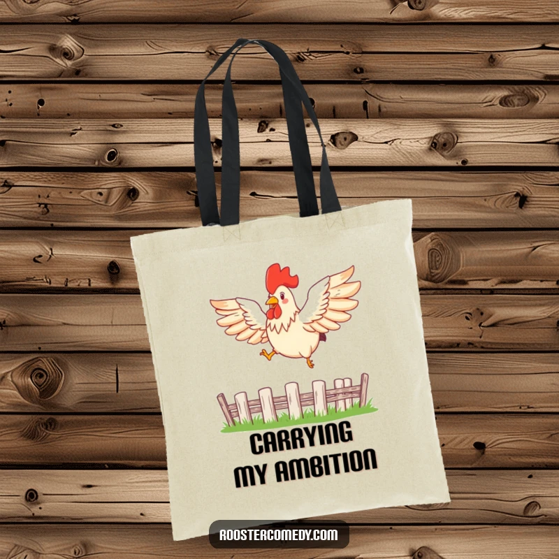 Funny leaping rooster tote bag featuring a bird with wings spread, soaring over a fence.