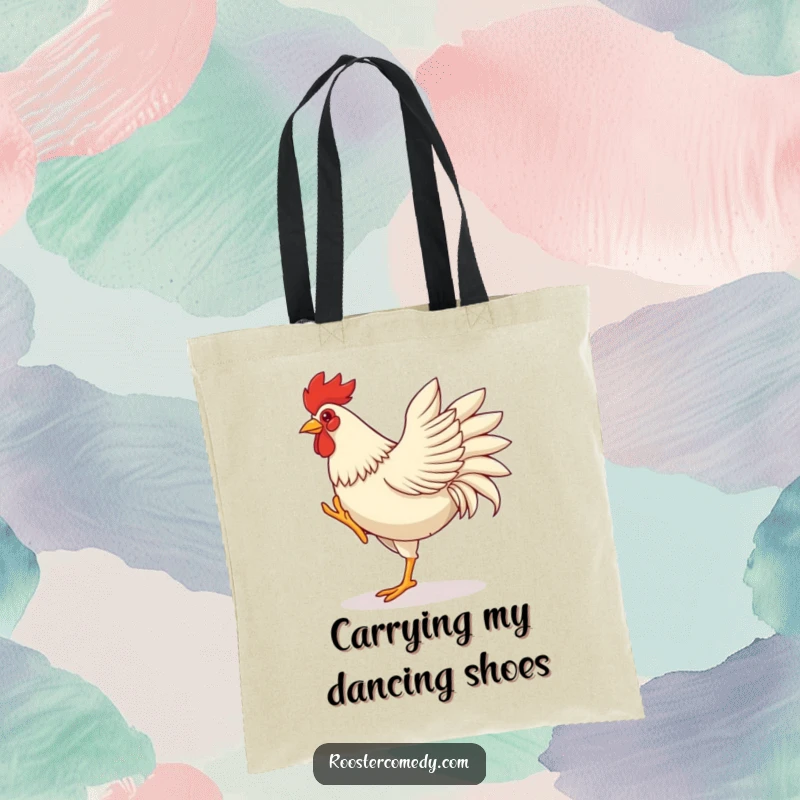 Funny rooster tote bag, illustrating a rooster dancing with energetic leg kicks and wing flaps, capturing a moment of pure, joyous movement.