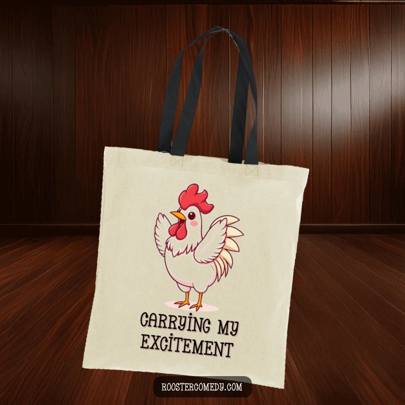 Funny Rooster tote bag depicting an excited bird flapping its wings vigorously, symbolizing energy and joyful expression.