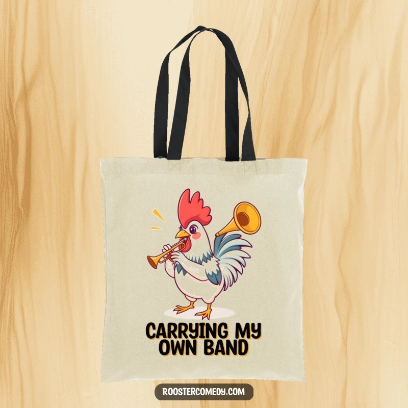 Funny rooster tote bag featuring a bird playing a tiny trumpet, perfect for carrying daily essentials with a musical flair.