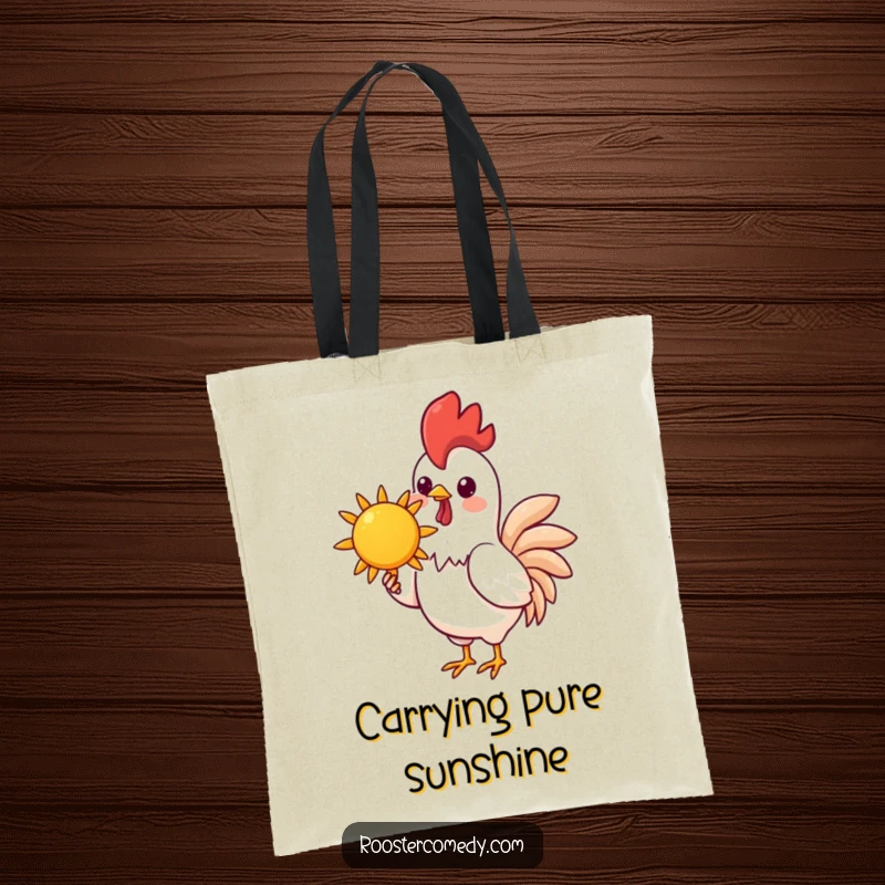 Funny Kawaii Rooster Tote Bag: A kawaii rooster carries a cheerful sun in its beak, adding a funny, sunny vibe to this practical bag.