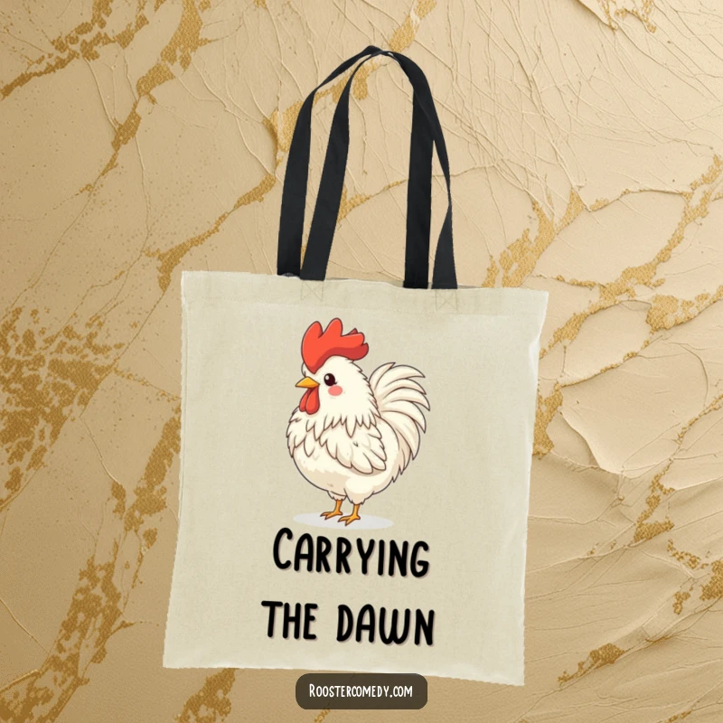 Funny rooster tote bag, a fluffy farm animal crowing with joy, head tossed back, perfect for market trips.