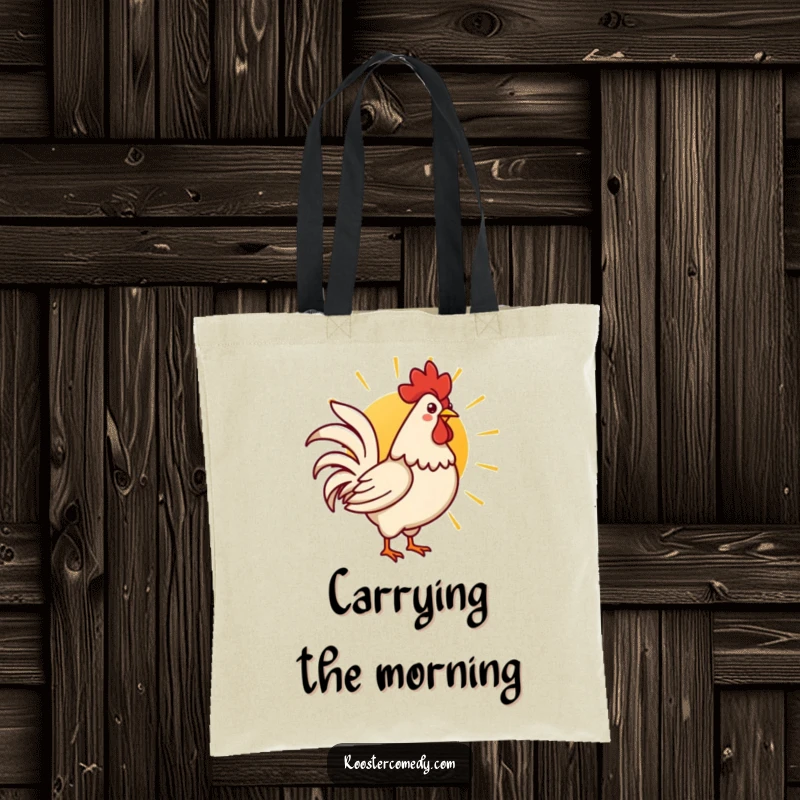 Funny Kawaii rooster proudly crowing at a rising sun, on a durable canvas tote bag.