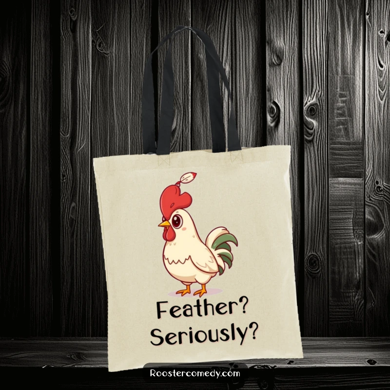 Funny Rooster Tote Bag, depicting a startled bird's reaction to an overhead feather, a humorous accessory.