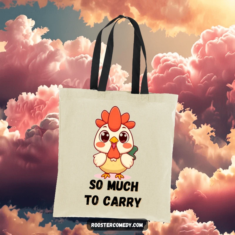 Funny Kawaii rooster tote bag showing a surprised rooster with huge, round eyes, looking shocked.