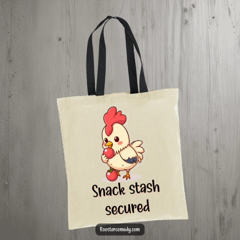 Funny Kawaii Rooster Tote Bag: Cute rooster pecking a shiny berry, practical funny gift.