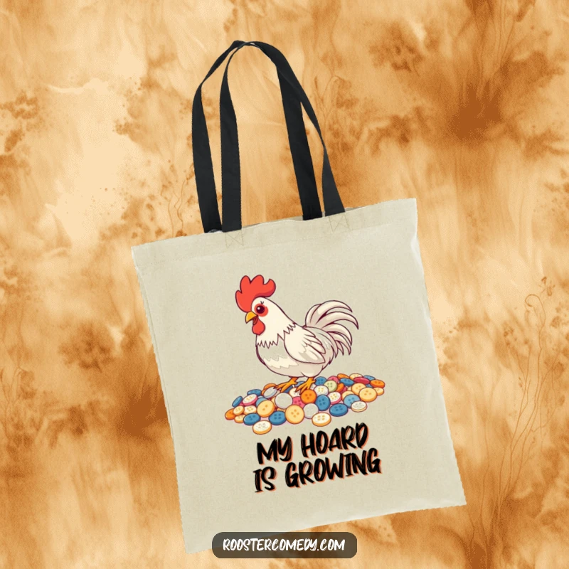 Funny Pecking Rooster Tote Bag, tote with a rooster pecking buttons, shiny and humorous bird accessory, ideal for shopping.