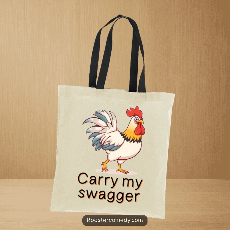 Funny tote bag with a strutting rooster boasting a comically oversized comb, a symbol of farmyard flair.