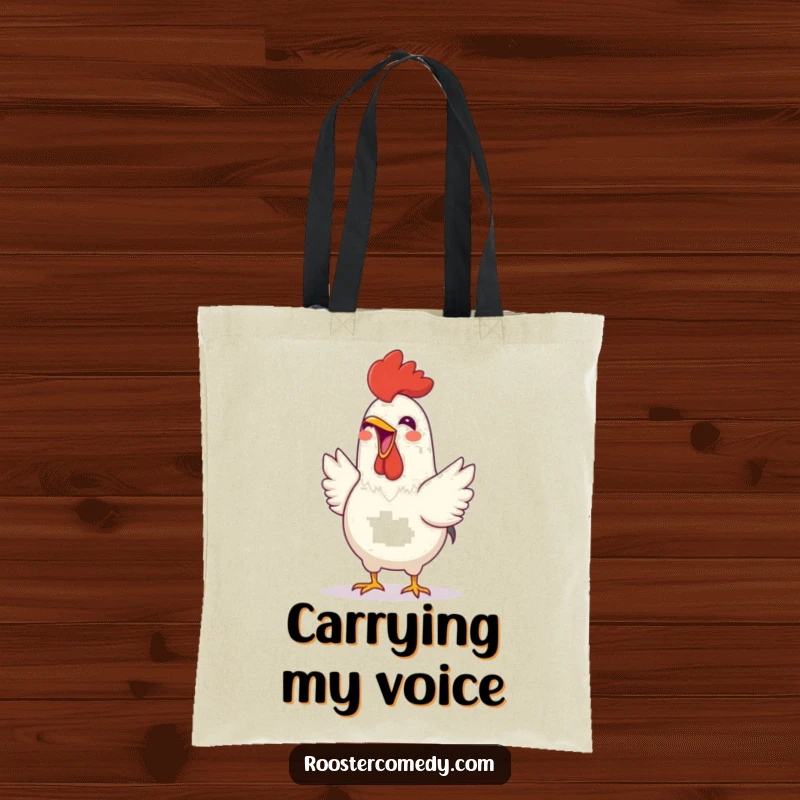 Funny Rooster tote bag depicting a cheerful bird joyfully crowing with an open beak, symbolizing happiness and vibrant energy.