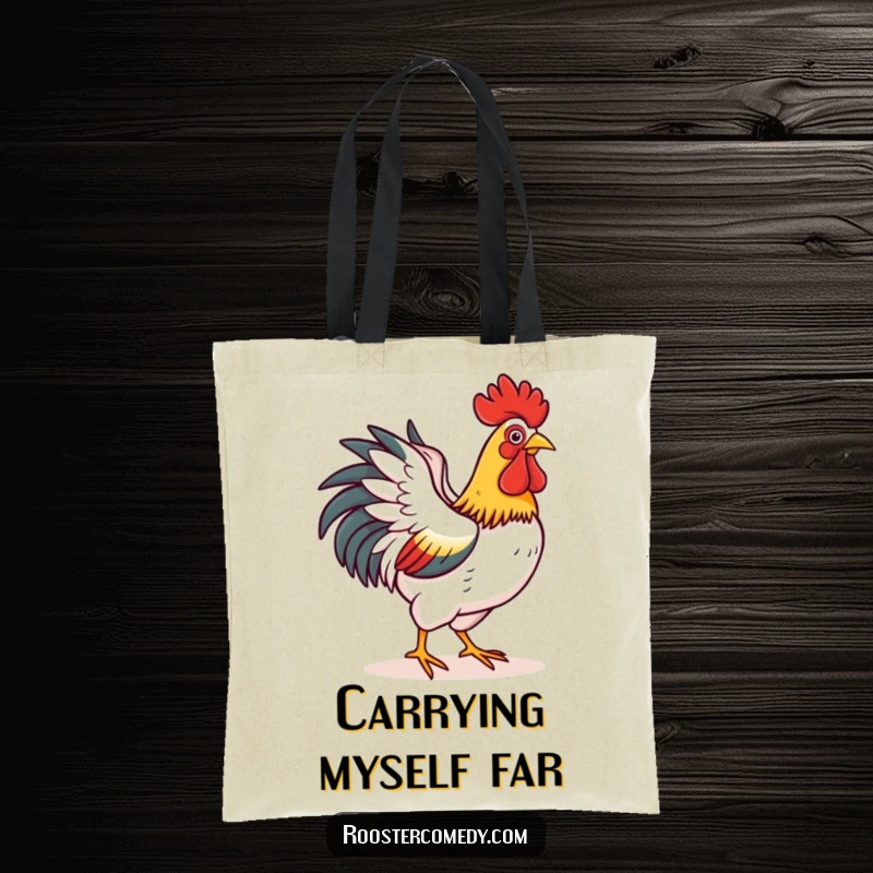 Funny tote bag depicting a rooster happily flapping its wings as if flying a short distance, perfect for carrying items with cheerful ambition.