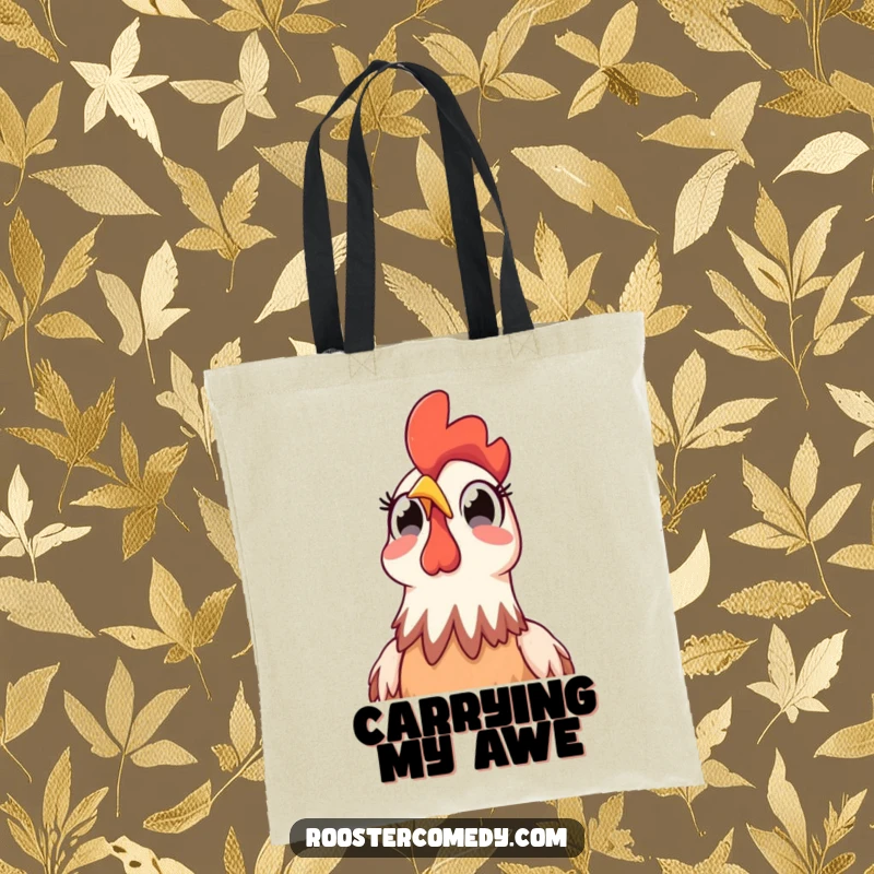 Funny Rooster Sky Surprise Tote Bag: Humorous bag featuring a rooster with wide, surprised eyes looking skyward, perfect for carrying daily items.