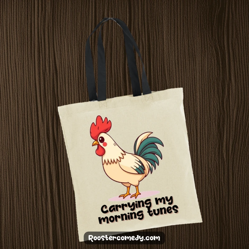 Funny Tote Bag featuring a charming rooster with an askew comb, proudly whistling and strutting, a delightful and humorous accessory.