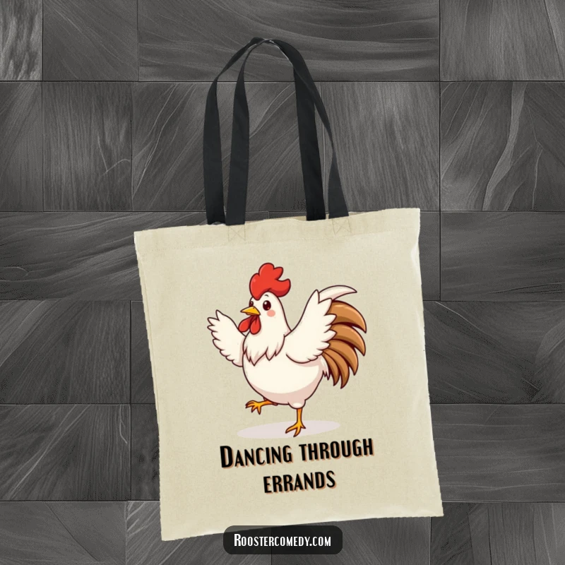 Funny cute rooster tote bag, doing a silly dance, wings spread wide, energetic accessory, perfect funny gift.