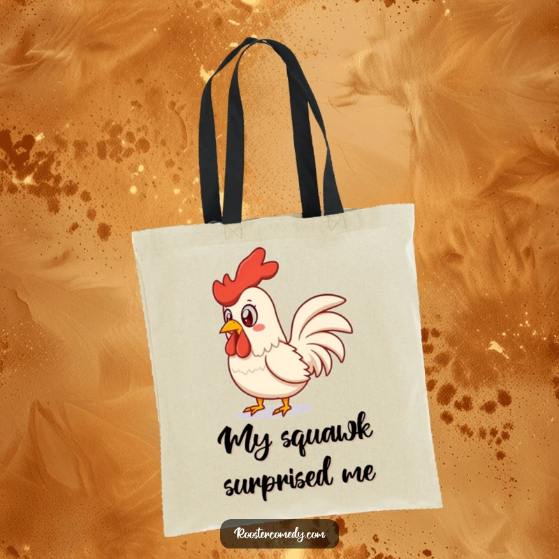 Funny surprised rooster tote bag, showing a startled chicken mid-squawk, embodying comedic shock and vibrant energy.
