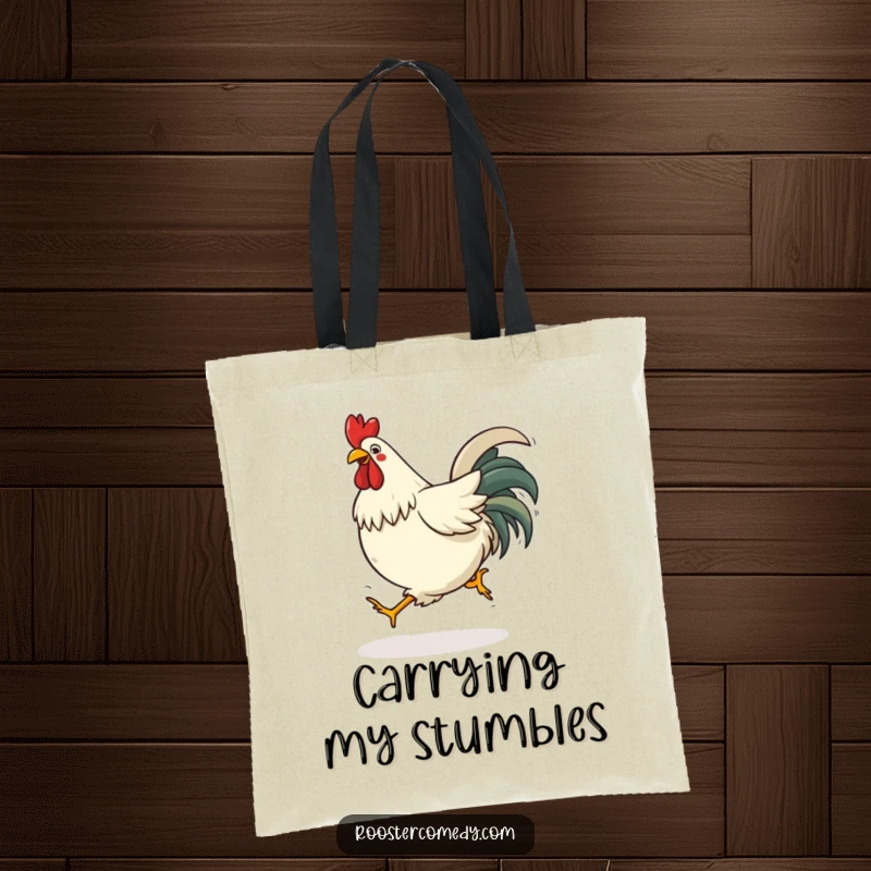 Funny tripping rooster tote bag showing a bird comically stumbling, perfect for everyday use.