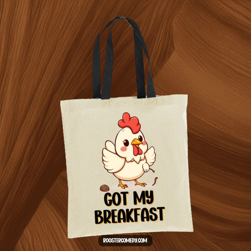 Funny Kawaii rooster tote bag showing a cheerful rooster happily chasing a worm, great for farmers.