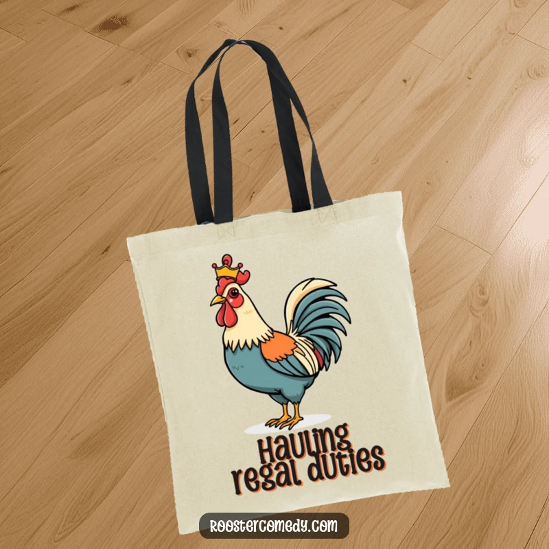 Funny Rooster tote bag depicting a proud bird confidently wearing a miniature crown, showcasing a regal and amusing presence.