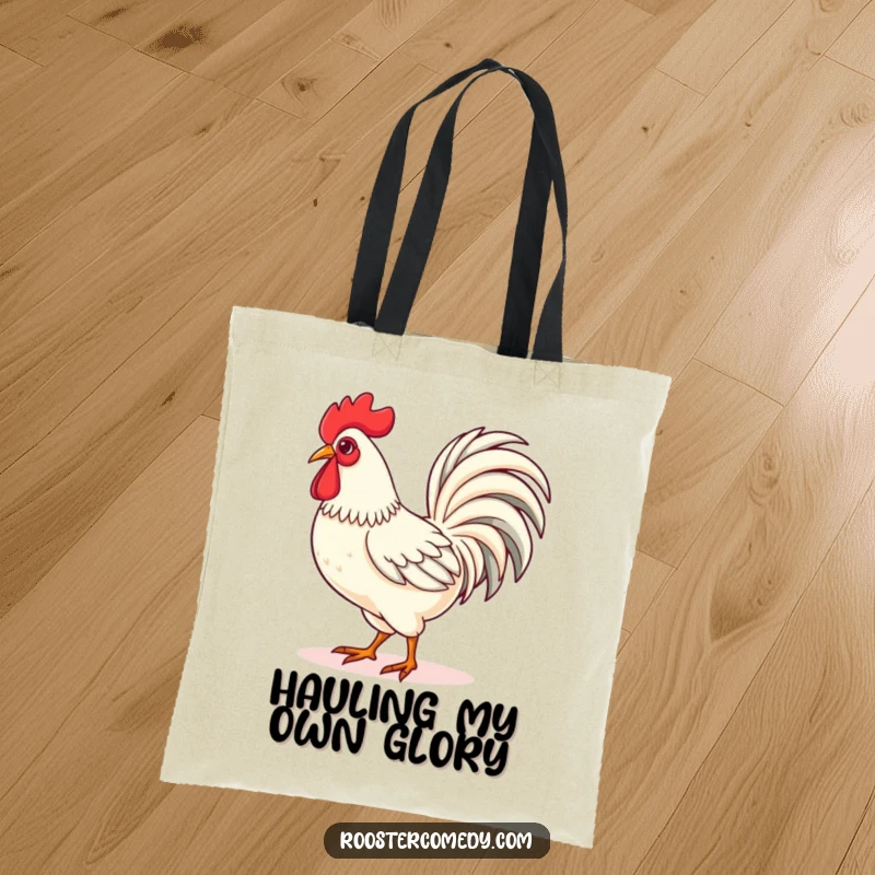 Funny Kawaii rooster tote bag depicting a cute rooster strutting proudly with its tail feathers fanned, ideal for shopping with a touch of flair.