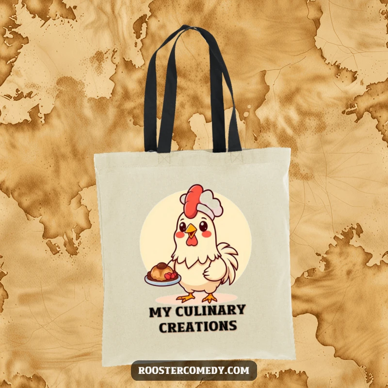 Funny Kawaii rooster in a chef hat, presenting food, on a durable tote bag.