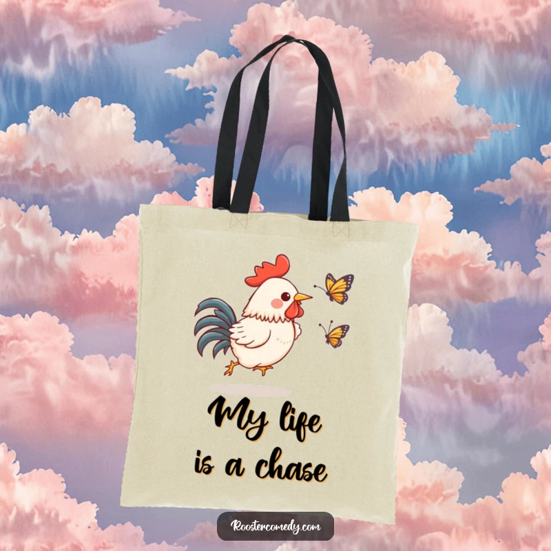 Funny Kawaii Rooster Tote Bag: A gleeful rooster hilariously chases a startled butterfly, stylish funny gift.