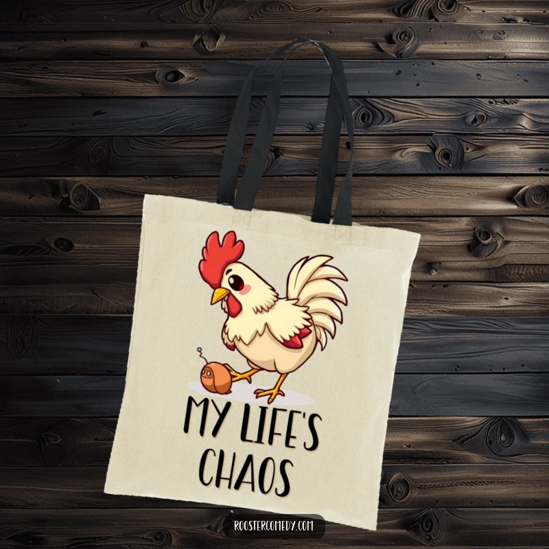 Funny tote bag depicting a rooster comically tripping while attempting to catch a worm, ideal for carrying items with a humorous farm theme.