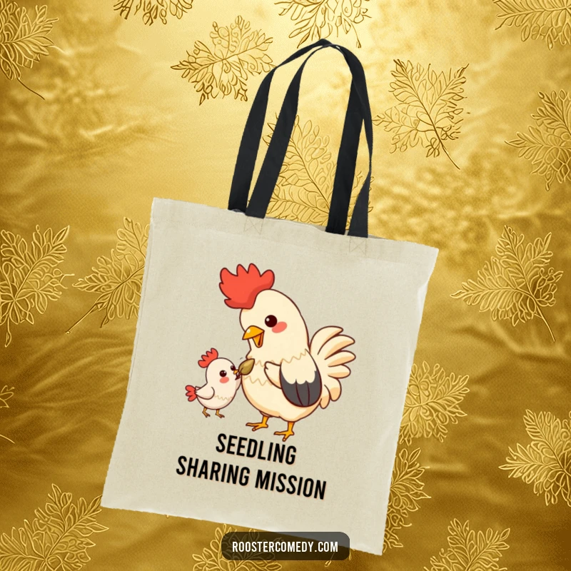 Funny Kawaii Rooster Tote Bag: A delightful rooster sharing a seed, perfect for carrying goodies and good vibes.
