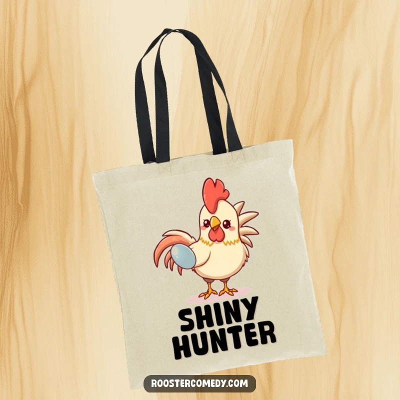 Funny Kawaii Rooster Tote Bag: A cheerful bird is shown pecking at a shiny item, embodying a funny, acquisitive spirit for shoppers.
